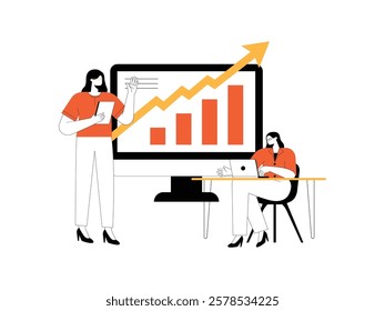 Two Businesswomen at work, one is standing up presenting and the other is working on her laptop, they are discussing a product upgrade.
design, vector, illustration