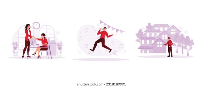 Two businesswomen are working together. A male singer sings a favorite song. And a security guard is patrolling the houses. Concept of work and skills. Trend Modern vector flat illustration.