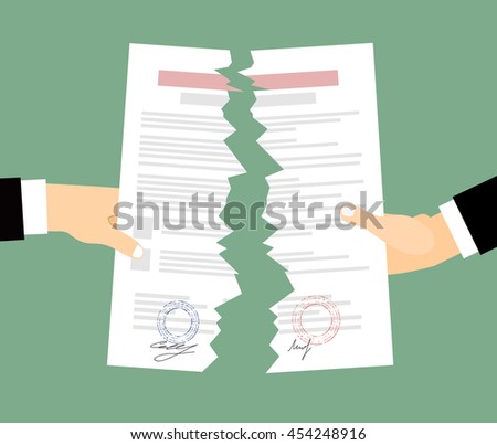 Two bussines men  Hands tearing apart a contract sheet of paper. Flat style