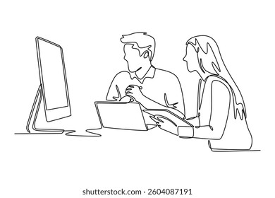 Two busy business people working together talking using laptop in office. Technology in business concept. Single line draw design. Vector graphic illustration