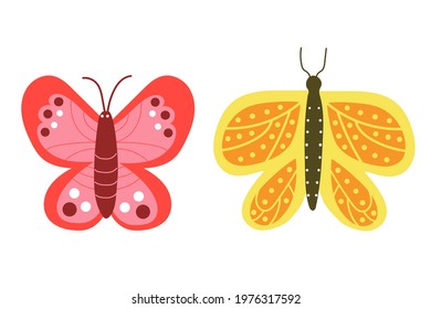 Two butterflies, bright and cute. Summer concept. 