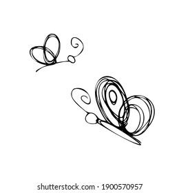 Dos mariposas, ilustración del vector del doodle. Sencilla línea de dibujos animados. Líneas negras dibujadas a mano y minimalistas sobre un fondo blanco. Aislado. Logo, emblema, signo, icono.