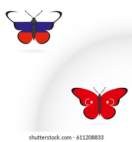 Two butterflies with the flag of Russia and Turkey