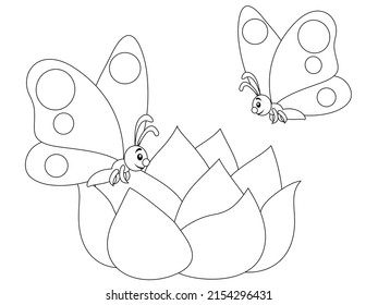 Two butterflies fly over a blossoming flower, isolated drawing. Vector illustration, coloring book.