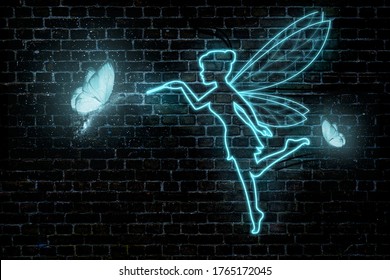 Two butterflies are flying around a little fairy.