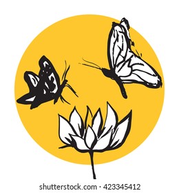 Two butterflies flying around one flower. Isolated on white background with yellow sun shape