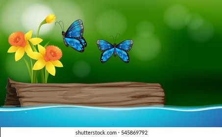 Two butterflies flying over the river illustration