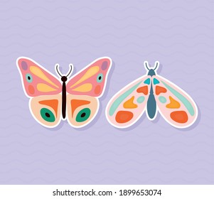 two butterflies hand drawn style on purple background vector illustration design