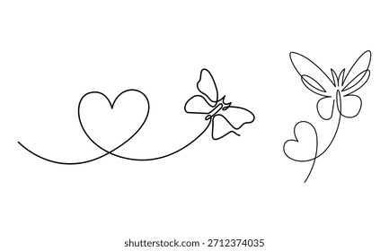 Two Butterflies and Heart Single Line Drawing Keywords: butterfly, heart, love, romance
