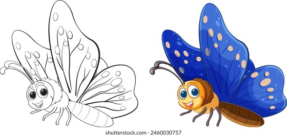 Two butterflies, one colored and one line art