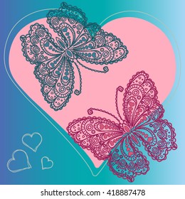 Two butterflies. Romantic composition with two lace butterflies and pink heart on blue background. Use: decorative element, greeting card, poster, love background, design elements, decoupage