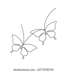 Two butterflies vector one line continuous drawing illustration. Hand drawn moth linear silhouette icon. Minimal design element for print, banner, card, poster, brochure, logo, product packaging.