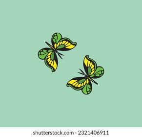 Two butterflies, yellow and blue, look beautiful against the bright color background