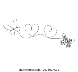 Two butterfly and love sign. One continuous line drawing of heart. Symbol of Valentine day and romantic moment. Editable stroke. Doodle line illustration