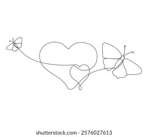 Two butterfly and love sign. One continuous line drawing of heart. Symbol of Valentine day and romantic moment. Editable stroke. Doodle line illustration