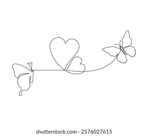 Two butterfly and love sign. One continuous line drawing of heart. Symbol of Valentine day and romantic moment. Editable stroke. Doodle line illustration