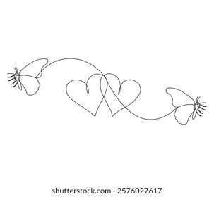 Two butterfly and love sign. One continuous line drawing of heart. Symbol of Valentine day and romantic moment. Editable stroke. Doodle line illustration