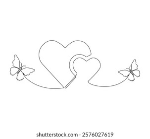 Two butterfly and love sign. One continuous line drawing of heart. Symbol of Valentine day and romantic moment. Editable stroke. Doodle line illustration