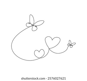 Two butterfly and love sign. One continuous line drawing of heart. Symbol of Valentine day and romantic moment. Editable stroke. Doodle line illustration