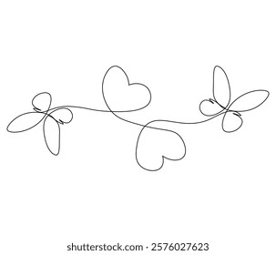 Two butterfly and love sign. One continuous line drawing of heart. Symbol of Valentine day and romantic moment. Editable stroke. Doodle line illustration