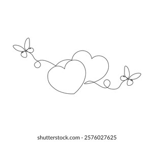 Two butterfly and love sign. One continuous line drawing of heart. Symbol of Valentine day and romantic moment. Editable stroke. Doodle line illustration