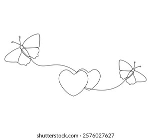 Two butterfly and love sign. One continuous line drawing of heart. Symbol of Valentine day and romantic moment. Editable stroke. Doodle line illustration