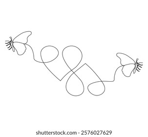 Two butterfly and love sign. One continuous line drawing of heart. Symbol of Valentine day and romantic moment. Editable stroke. Doodle line illustration