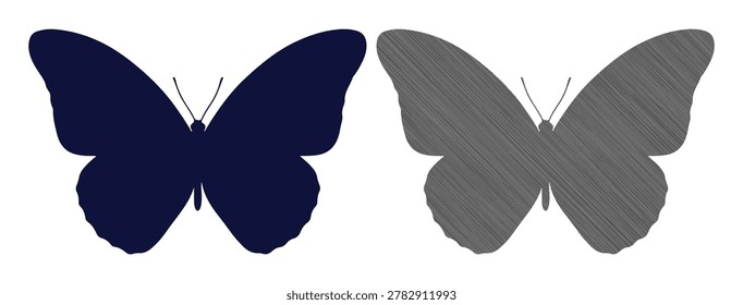 Two butterfly silhouettes, one navy blue and one gray with texture, representing nature and transformation.