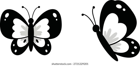 Dos siluetas de mariposa con manchas blancas sobre alas negras y fondo blanco, mostrando detalles delicados y Formas.