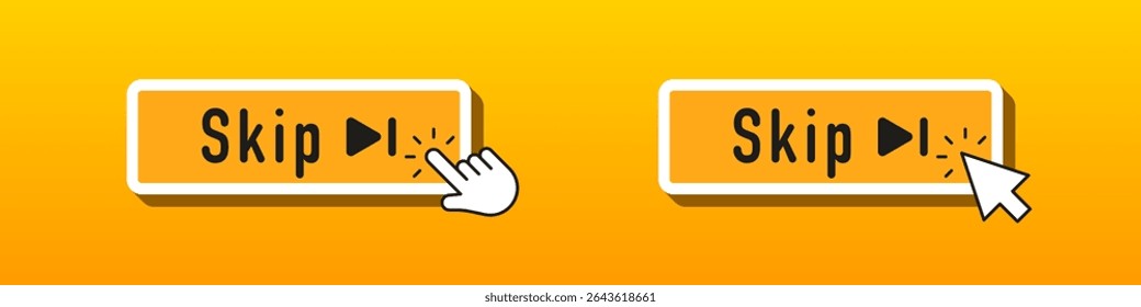 Two “Skip” buttons with play icons, clicked by hand and mouse cursors, set on yellow — representing digital media skipping interactions.