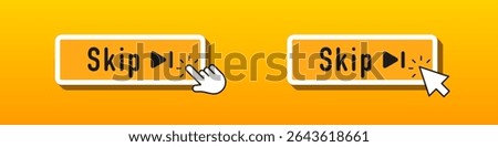 Two “Skip” buttons with play icons, clicked by hand and mouse cursors, set on yellow — representing digital media skipping interactions.