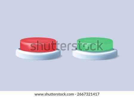 Two buttons, red and green, choosing button to push. Concept of difficult choice between two options, alternatives or opportunities, life dilemma, decision. Vector illustration in 3D render vector