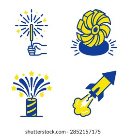 A two by two grid of firework icons on a white background with a glowing sparkler, a spinning ground chakra firework, a fountain cracker and a rocket in bright yellow and royal blue flat duotone style for celebration graphics