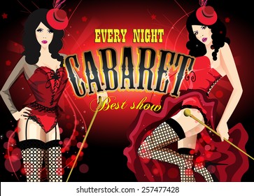 Two Cabaret dancer in a red corset. Retro vector poster