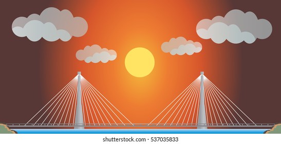 Two cable suspension Bridge with Nature  Landscape Background  vector Illustration