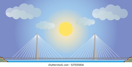 Two cable suspension Bridge with Nature  Landscape Background  vector Illustration