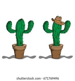 Two cacti in flower pots. Cactus in cowboy hat. Vector illustration.