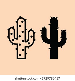 Zwei Kakteen-Symbole in Schwarz auf beigem Hintergrund, die Wüstenflora und stachelige Pflanzen symbolisieren