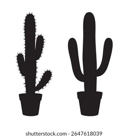 Dois cactos em vasos são mostrados em um estilo de silhueta preta impressionante contra um fundo branco limpo.