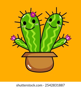 two cactus character cute kawaii with flower. vector cartoon illustration isolated.
