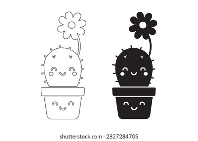 Two cactus plants in pots, depicted as a black and white vector illustration with simplified cartoon faces and features.