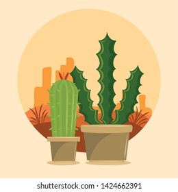 Two Cactus succulent pot on desertscape round frame over beige background vector illustration graphic design