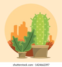 Two Cactus succulent pot on desertscape round frame over beige background vector illustration graphic design