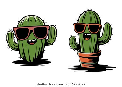 two cactuses with big eyes and sunglasses sit in front of them.