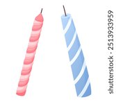 Two cake candles, twisted and striped in flat vector style, isolated on white background. Cartoon set of paraffin candles. Festive cake decoration for birthday, Halloween, New Year.