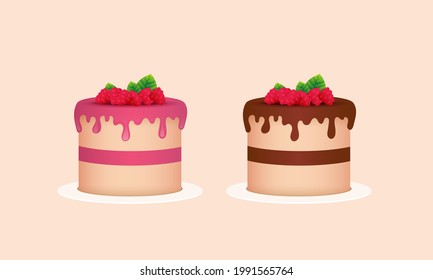 Dos tortas. Pasteles esponjosos con chocolate y crema de rosa. Pasteles decorados con frambuesas. Pasteles vectoriales aislados en fondo gris.