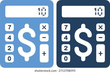 Dois ícones de calculadora, um azul claro e um azul marinho, com um sinal de dólar branco em cada, sobre um fundo branco puro