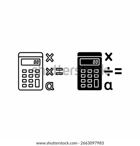 Two calculator icons, one outlined and one filled, with mathematical symbols.