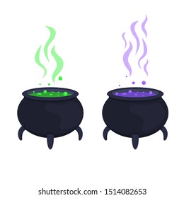 two caldrons pot black green purple brew cook white background