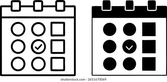 Two calendar icons are displayed, one in outline form and the other in solid black. Both show a grid of dates with a checkmark on one of the days, symbolizing a scheduled event.
